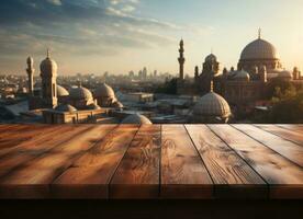 ai gegenereerd moskee silhouet tegen een rustiek houten tafel, eid en Ramadan afbeeldingen foto