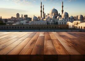 ai gegenereerd houten tafel tegen de wazig schoonheid van een moskee, eid en Ramadan afbeeldingen foto