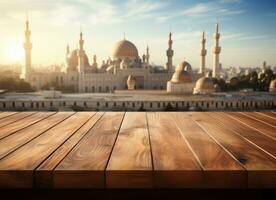 ai gegenereerd rustig voorraad foto met een houten tafel versierd met een moskee, eid en Ramadan afbeeldingen