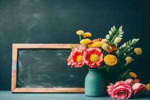 ai gegenereerd dichtbij omhoog met een groen schoolbord versierd met levendig en kleurrijk bloemen, leerzaam foto