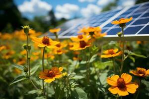 ai gegenereerd een verbijsterend zonne- paneel veld- vormig Leuk vinden bloemen naadloos integreren met de omgeving, milieu afbeeldingen foto
