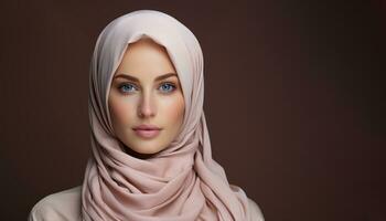 ai gegenereerd bevallig houding van een jong moslim vrouw vervelend een hijaab, eid en Ramadan afbeeldingen foto