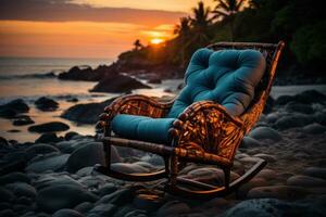 ai gegenereerd strand rocker lounge Bij schemering, zonsopkomst en zonsondergang behang foto