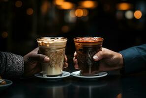 ai gegenereerd twee maatjes delen een stil moment met cups van koffie in hand, bedrijf vergadering beeld foto