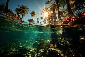 ai gegenereerd oceaan en palm boom afbeeldingen afdrijven Aan kalmte wateren, ontspannende zomer tafereel foto