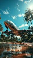 ai gegenereerd vliegtuig in de lucht tegen een backdrop van palm bomen en strand, ontspannende zomer tafereel foto