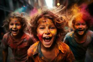 ai gegenereerd glimlachen gezichten temidden van levendig kleuren, holi festival beeld downloaden foto