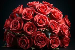 ai gegenereerd elegant bruids boeket met levendig rood rozen symboliseert liefde en inzet, verloving, bruiloft en verjaardag beeld foto