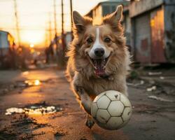 ai gegenereerd energiek hond Toneelstukken met voetbal bal in mooi zonsondergang, huisdier foto