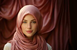 ai gegenereerd elegant gekleed vrouw vervelend een modieus roze hijaab, eid en Ramadan afbeeldingen foto