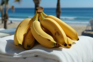ai gegenereerd strand bananen uitnodigend een tropisch smaak, ontspannende zomer tafereel foto
