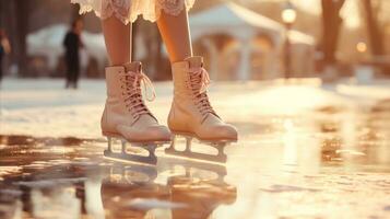 ai gegenereerd de poten van een ijs schaatser en schoenen Aan ijs foto