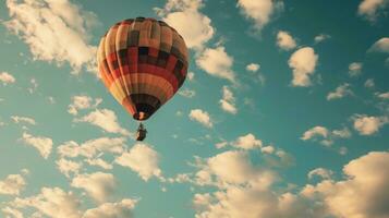 ai gegenereerd kleurrijk heet lucht ballon temidden van mooi wolken. geschikt voor advertenties en reizen bloggen. banier met kopiëren ruimte. foto