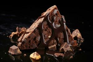 ai gegenereerd driehoekig chocola brownie met noga brokken. foto