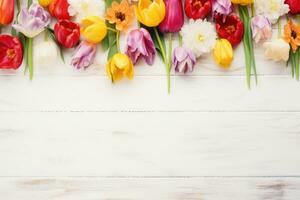 ai gegenereerd voorjaar achtergrond met kleur bloemen Aan houten achtergrond. foto