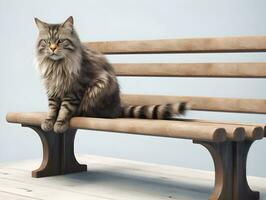 ai gegenereerd schattig Siberisch kat zittend Aan een bank in de tuin. Perzisch kat kom tot rust Aan een houten stoel in de stad park. foto