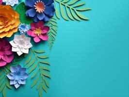 ai gegenereerd top visie van kleurrijk papier besnoeiing bloemen met groen bladeren Aan blauw achtergrond met kopiëren ruimte. foto