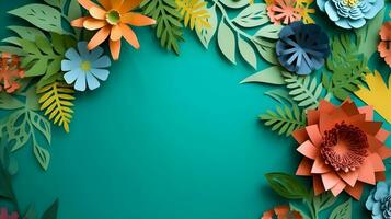 ai gegenereerd top visie van kleurrijk papier besnoeiing bloemen met groen bladeren Aan blauw achtergrond met kopiëren ruimte. foto
