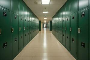 ai gegenereerd groen kluisjes in een rij in de gang van een school, dressing kamer of gang met kluisjes, ai gegenereerd foto