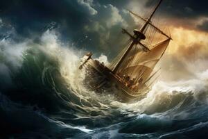 ai gegenereerd piraat schip in stormachtig zee. 3d geven illustratie, dramatisch tafereel van een boot het zeilen Aan groot golven, ai gegenereerd foto