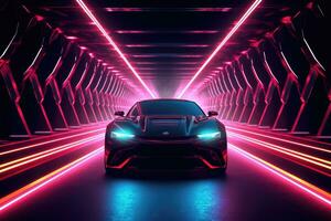 ai gegenereerd 3d renderen van een sport- auto in een tunnel met neon lichten, auto in een tunnel met neon verlichting, voorkant visie, ai gegenereerd foto