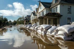 ai gegenereerd overstroomd huizen Aan een overstroomd weg in de platteland van Texas, overstroming bescherming zandzakken met overstroomd huizen in de achtergrond, ai gegenereerd foto