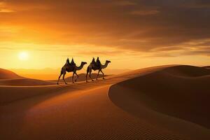 ai gegenereerd kameel caravan in de Sahara woestijn Bij zonsondergang. 3d weergave, kudde van kameels Aan zand duin Bij woestijn, ai gegenereerd foto