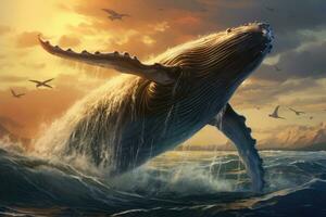 ai gegenereerd gebochelde walvis jumping uit van de oceaan. 3d illustratie, gebochelde walvis in de omgeving van cabo san lucas, ai gegenereerd foto