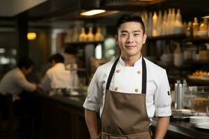 ai gegenereerd jong Aziatisch chef staand in restaurant, een aantrekkelijk jong hoofd chef Aziaat van een prestigieus restaurant, ai gegenereerd foto