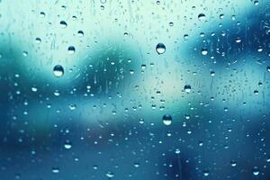 water druppels Aan glas achtergrond. regen druppels Aan venster glas achtergrond, regendruppels Aan de venster, blauw toon, ai gegenereerd foto