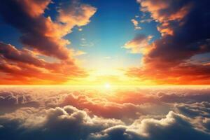 ai gegenereerd mooi zonsondergang bovenstaand wolken. natuur achtergrond. 3d illustratie, mooi zonsondergang in de lucht met wolken en de zon, ai gegenereerd foto