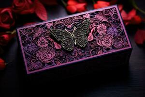ai gegenereerd vlinder en doos met rozen Aan zwart houten achtergrond. selectief focus, een gedetailleerd, ingewikkeld bloemen ontwerp Aan een Valentijnsdag dag geschenk doos, ai gegenereerd foto