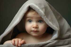 ai gegenereerd portret van een schattig weinig baby verpakt in een deken. grijs achtergrond, baby onder een handdoek, ai gegenereerd foto