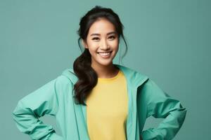 ai gegenereerd glimlachen Aziatisch vrouw in groen jasje en geel t-shirt, Aziatisch vrouw bloemist creëren bruiloft boeket in bloem winkel, ai gegenereerd foto