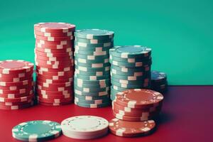 ai gegenereerd stapels van poker chips Aan rood en groen achtergrond. casino concept, casino chips Aan geïsoleerd pastel achtergrond, ai gegenereerd foto