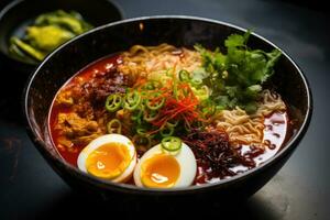 ai gegenereerd Japans ramen noodle met rundvlees en ei Aan een houten tafel, aan boord gaan Aan een pittig ramen avontuur met een stomen kom van noedels, levendig toppings, en verleidelijk Chili olie, ai gegenereerd foto