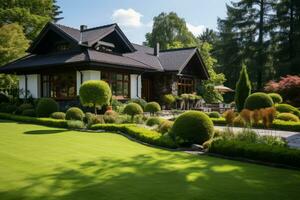 ai gegenereerd luxe huis met groen gazon en achtertuin foto