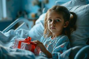 ai gegenereerd jongen in ziekenhuis kamer met geschenk doos foto