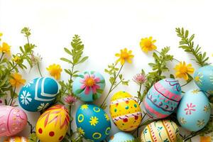 ai gegenereerd gelukkig Pasen spandoek. kleurrijk eieren Aan wit achtergrond foto