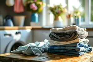 ai gegenereerd gewassen kleren Aan bord tegen achtergrond met het wassen machine in huis wasserij foto