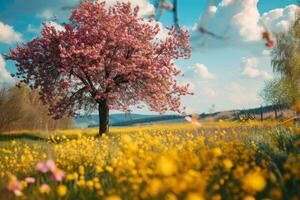 ai gegenereerd mooi voorjaar landschap met bloeiend bloemen en bomen foto