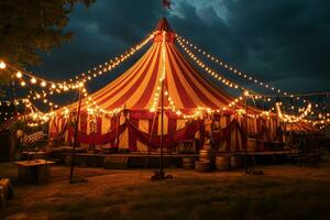 ai gegenereerd circus tent met verlichtingen lichten Bij nacht. foto