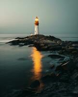 ai gegenereerd vuurtoren Aan een rots in de zee Bij zonsondergang. lang blootstelling foto