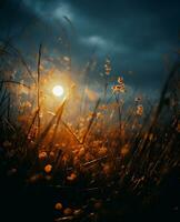 ai gegenereerd zonsondergang in een veld- met riet in de stralen van de instelling zon foto
