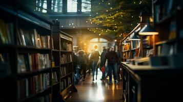 ai gegenereerd groep van mensen staand in bibliotheek en lezing boeken. onderwijs concept. foto