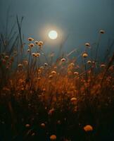 ai gegenereerd zonsondergang in een veld- met riet in de stralen van de instelling zon foto