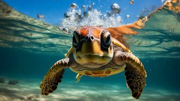 ai gegenereerd zee schildpad zwemmen in blauw water met spatten van water, dichtbij omhoog foto