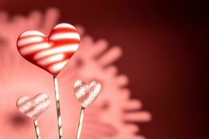 drie roze Valentijnsdag dag hart vorm lolly snoep Aan leeg pastel papier achtergrond. liefde concept foto