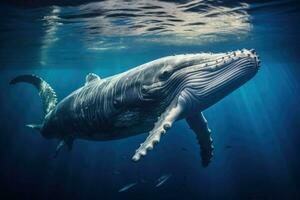 ai gegenereerd walvis zwemmen in de blauw oceaan, onderwater- tafereel. 3d veroorzaken, sperma walvis zwemmen onderwater, ai gegenereerd foto