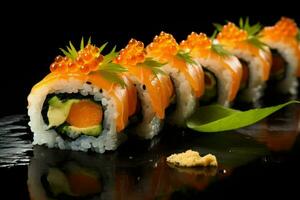 ai gegenereerd sushi rollen met Zalm kaviaar en komkommer, artistiek recreatie van sushi broodjes met Zalm en wit rijst- met een stipt licht, ai gegenereerd foto